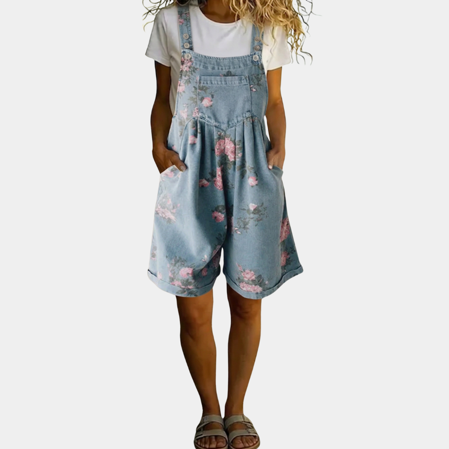 Judy | Vintage Washed Soft Cotton Feel Denim Floral Jumpsuit