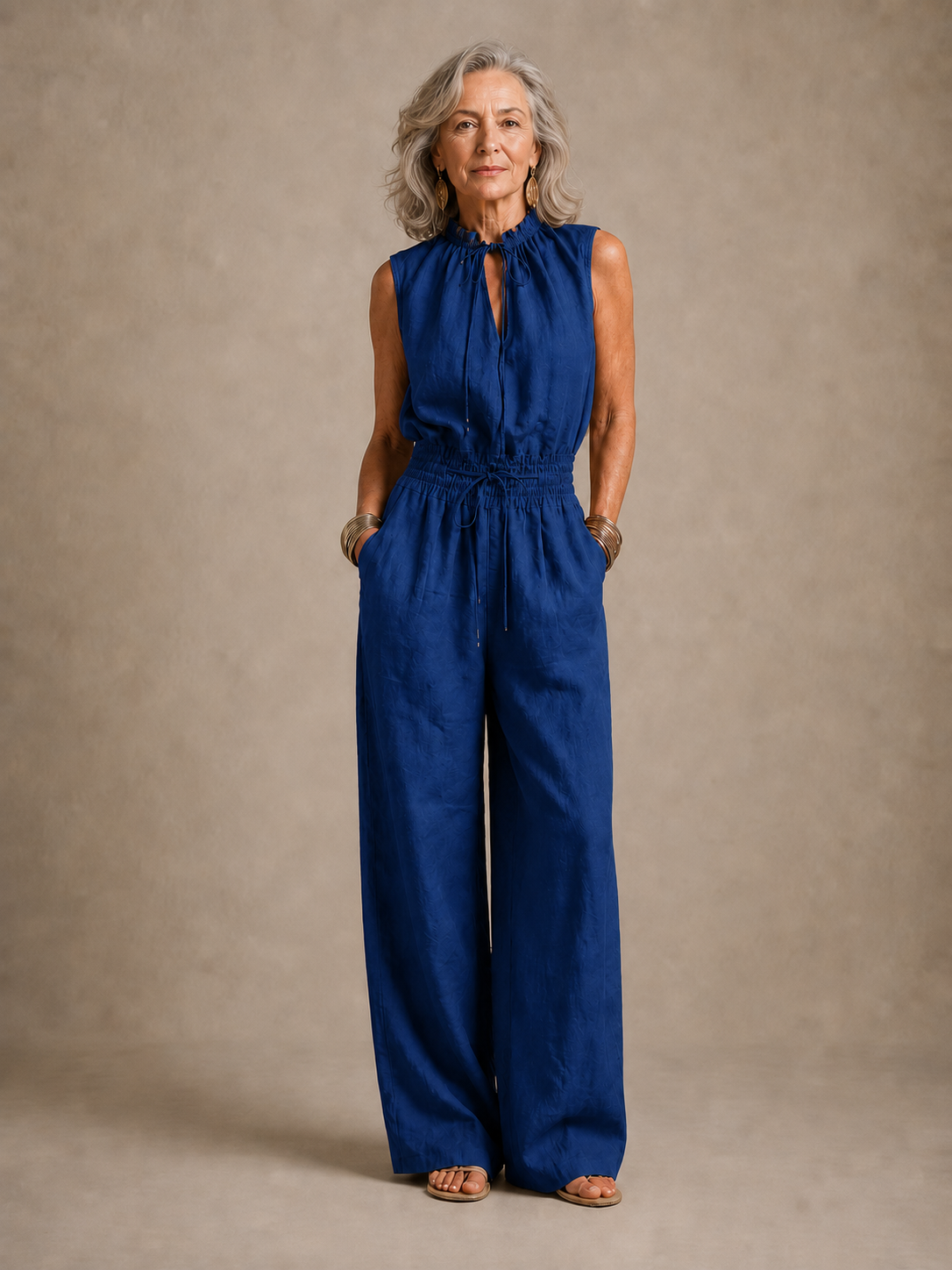 ZENAIDE | CAMEL WIDE-LEG JUMPSUIT WITH TIE HIGH NECKLINE