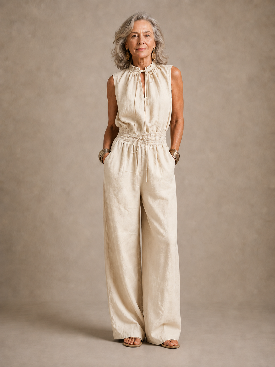 ZENAIDE | CAMEL WIDE-LEG JUMPSUIT WITH TIE HIGH NECKLINE