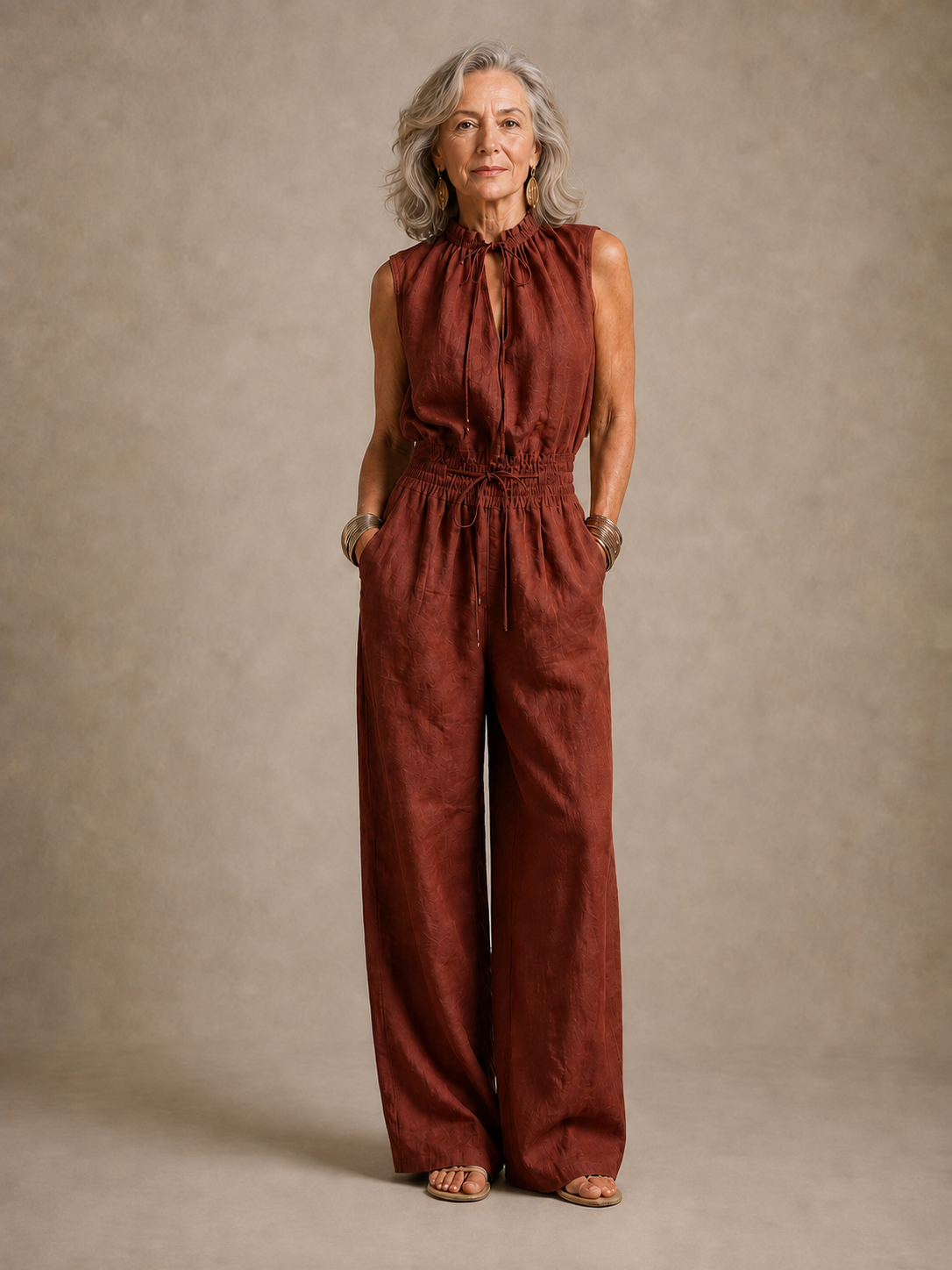 ZENAIDE | CAMEL WIDE-LEG JUMPSUIT WITH TIE HIGH NECKLINE