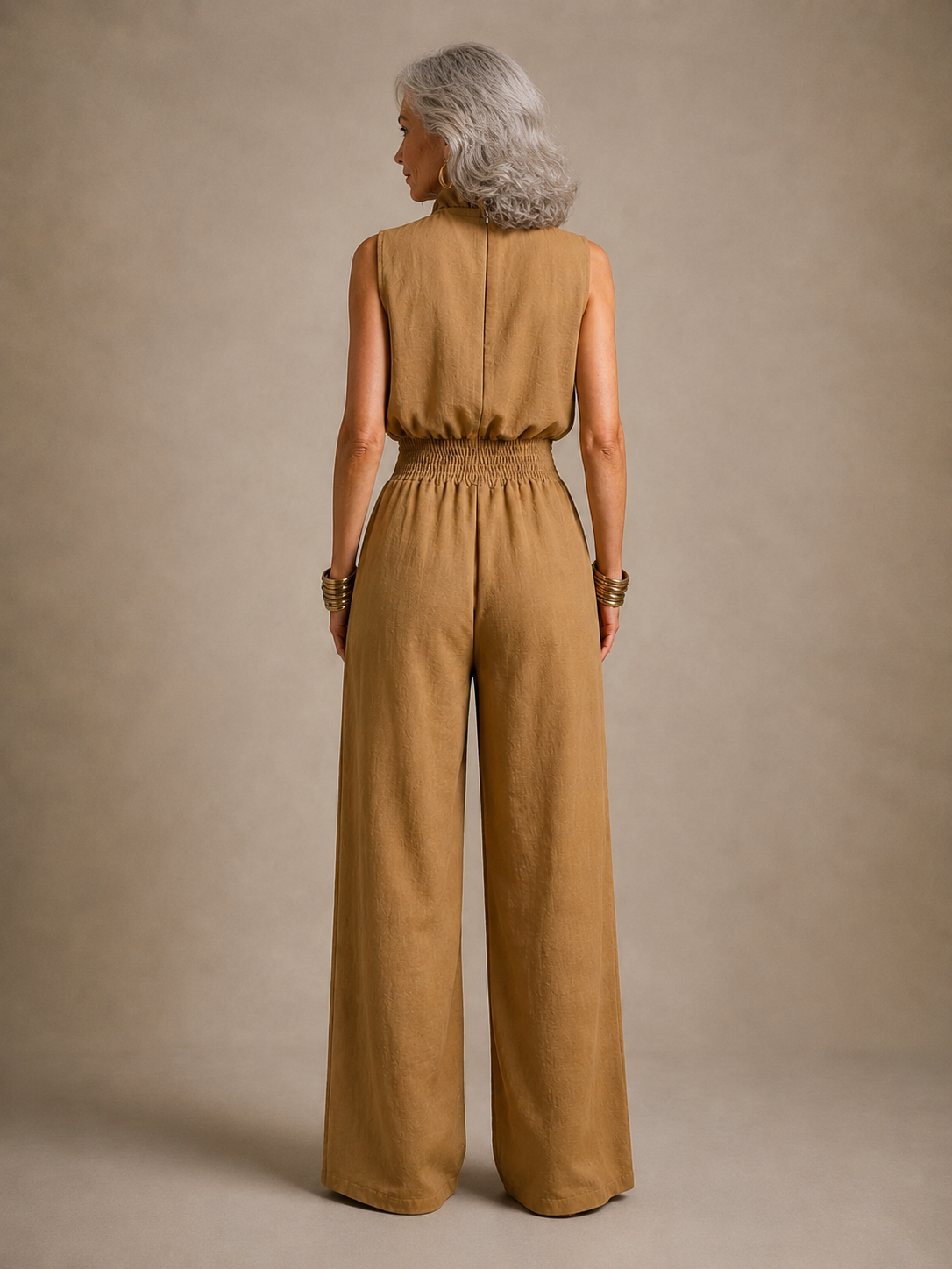 ZENAIDE | CAMEL WIDE-LEG JUMPSUIT WITH TIE HIGH NECKLINE