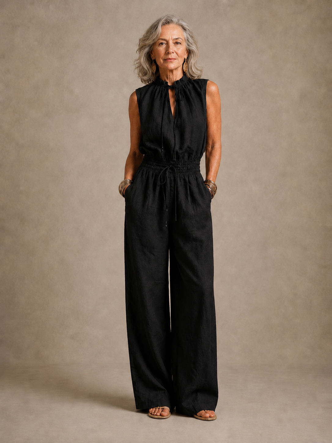 ZENAIDE | CAMEL WIDE-LEG JUMPSUIT WITH TIE HIGH NECKLINE