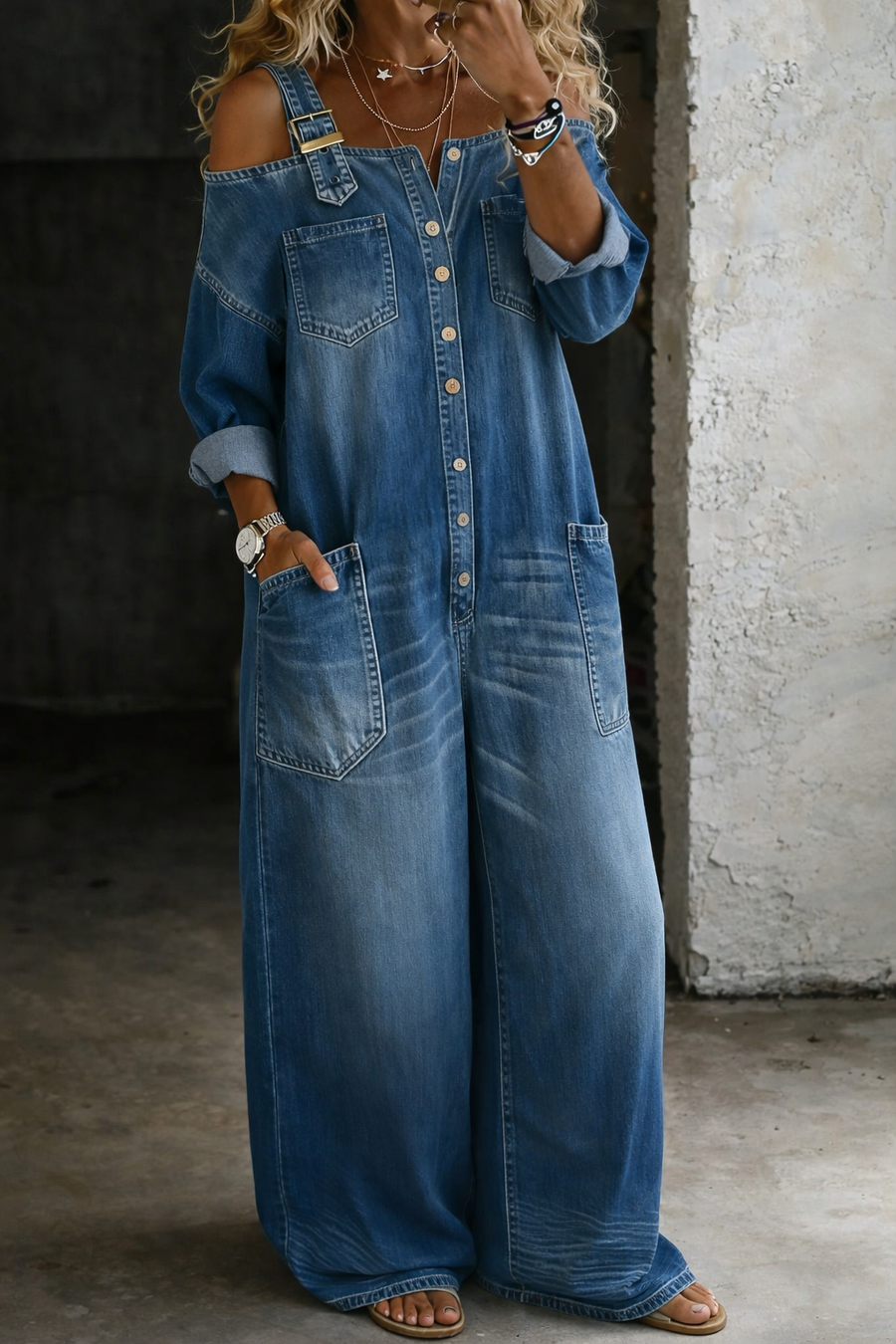 Stephanie | Off Shoulder Denim Shirt Jumpsuit