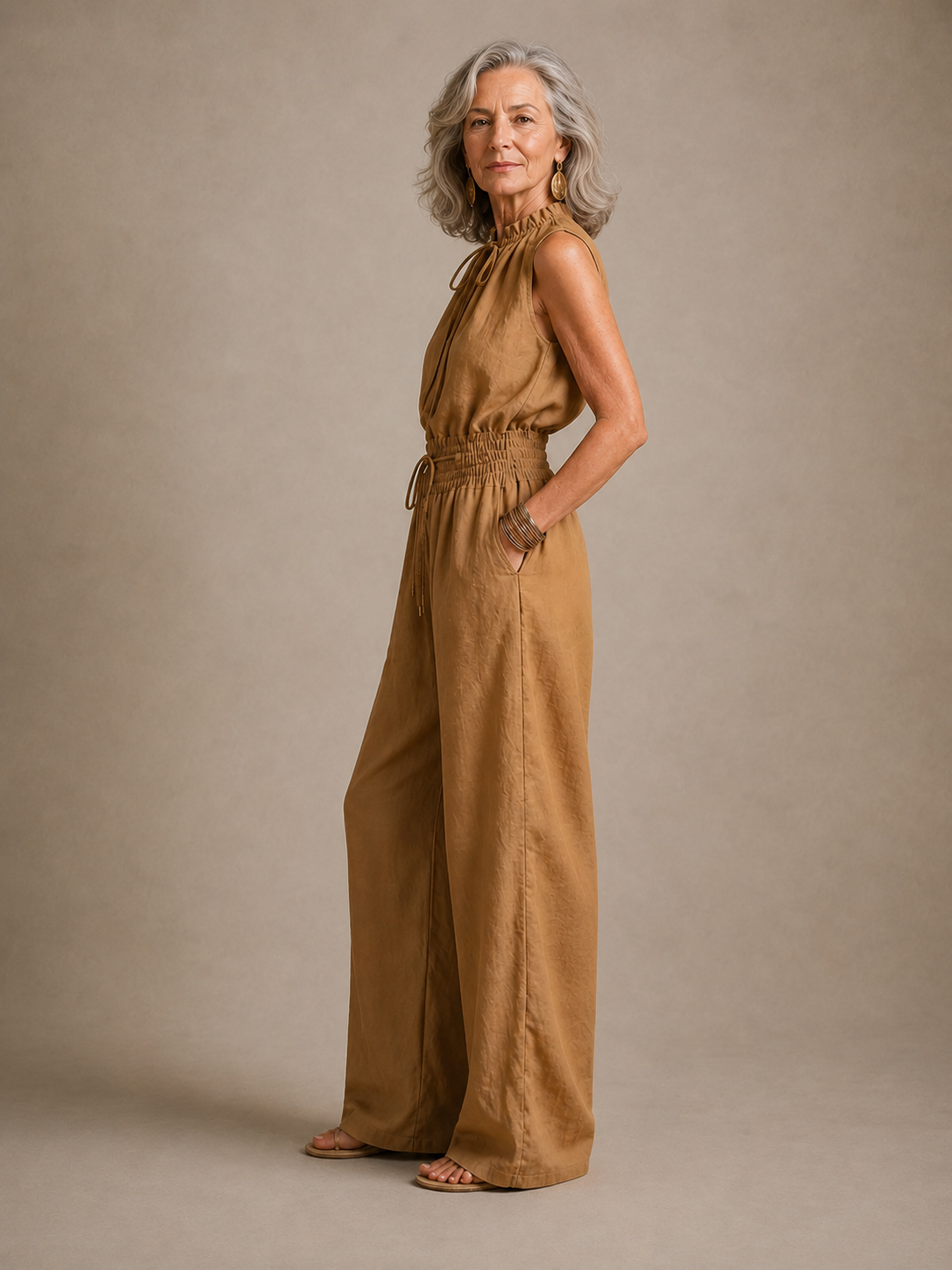 ZENAIDE | CAMEL WIDE-LEG JUMPSUIT WITH TIE HIGH NECKLINE