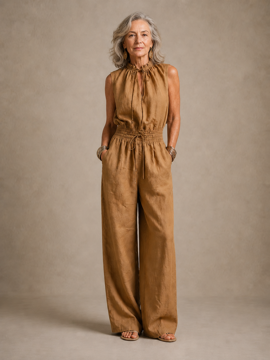 ZENAIDE | CAMEL WIDE-LEG JUMPSUIT WITH TIE HIGH NECKLINE